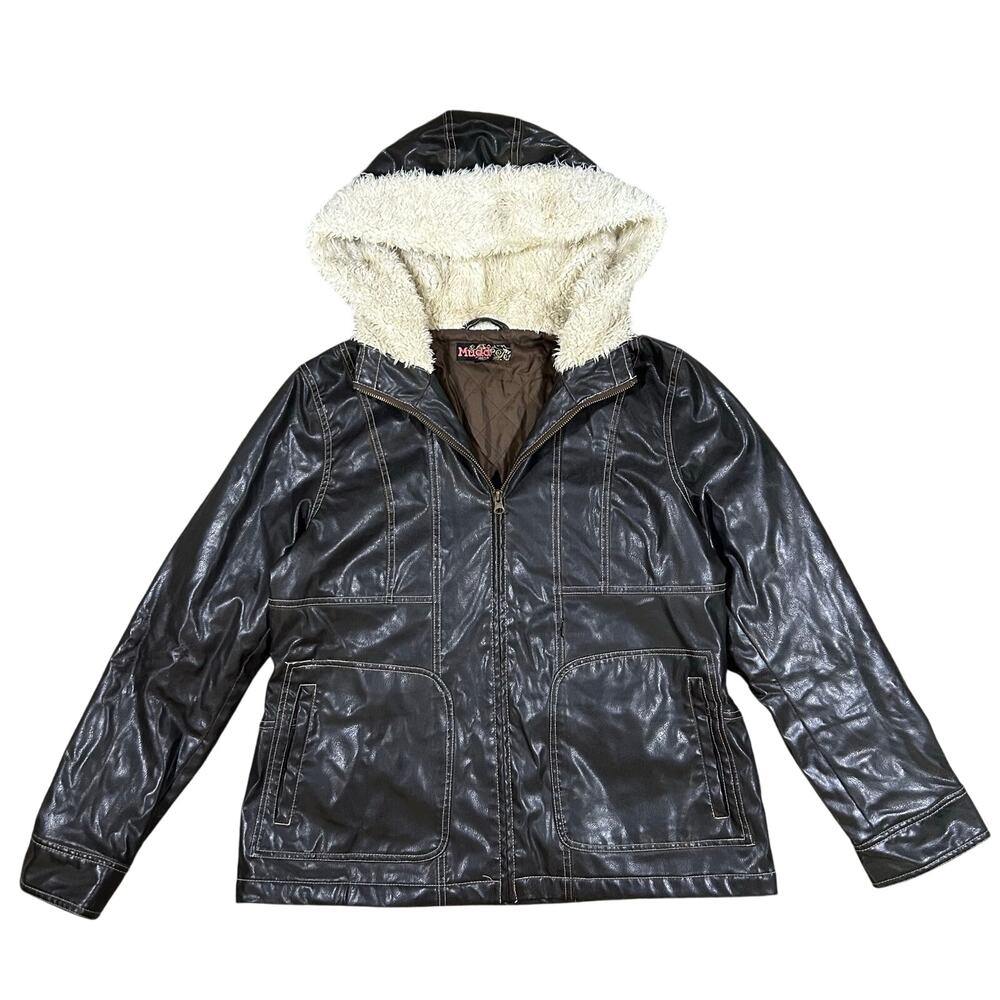 Vintage Y2K Mudd Faux Leather Jacket Womens Large Fur Hood Full Zip